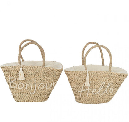 Strandtas Bonjour/Hello Kwast Jute Naturel/Wit Assortiment Van 2 - Tas - J-Line - livinglovely.nl