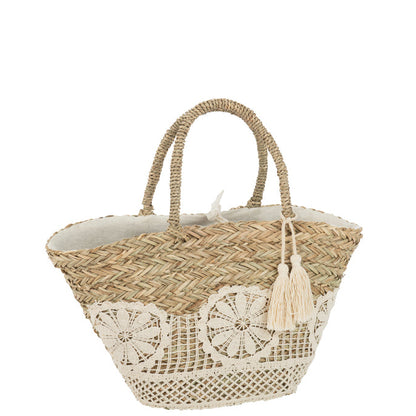 Strandtas Kant Bloem + Kwast Jute Naturel/Wit - Tas - J-Line - livinglovely.nl