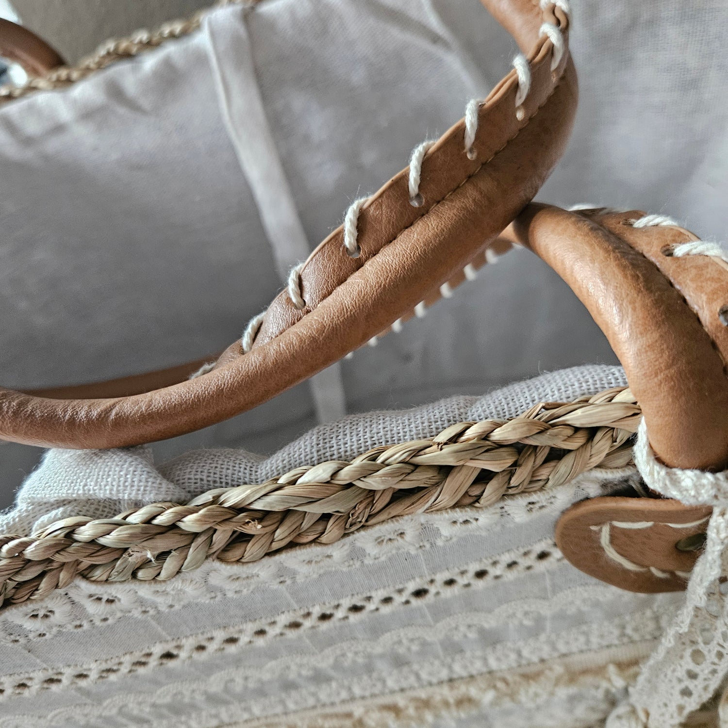 Strandtas Kant + Kwast Jute Naturel/Wit Small - Tas - J-Line - livinglovely.nl