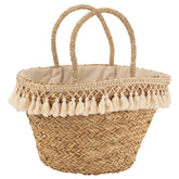 Strandtas Kwastjes Wit Riet Naturel - Tas - J-Line - livinglovely.nl