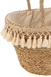 Strandtas Kwastjes Wit Riet Naturel - Tas - J-Line - livinglovely.nl