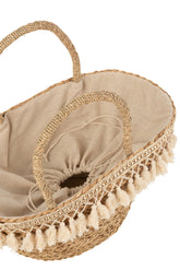 Strandtas Kwastjes Wit Riet Naturel - Tas - J-Line - livinglovely.nl