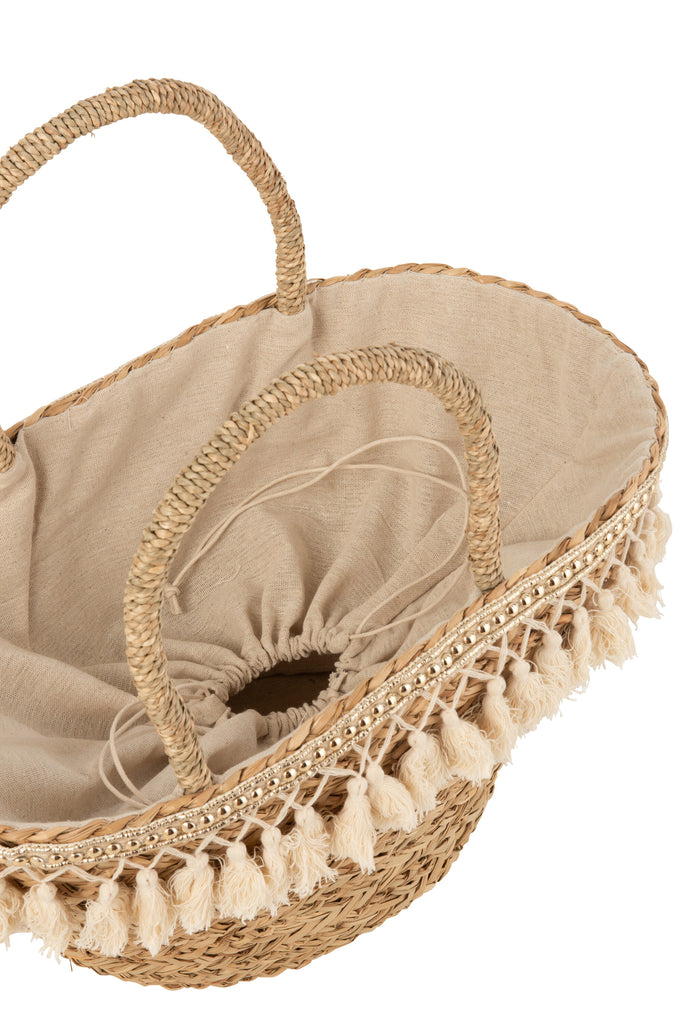 Strandtas Kwastjes Wit Riet Naturel - Tas - J-Line - livinglovely.nl