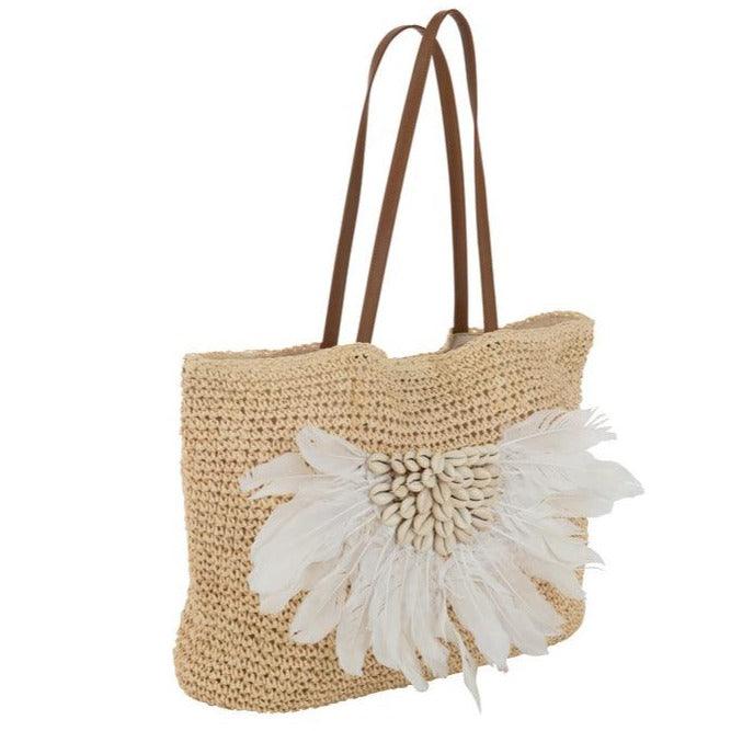 Strandtas Met Schelpen/Veren Papier Naturel/Wit - Tas - J-Line - livinglovely.nl