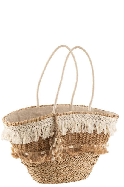 Strandtas Riet Kwastjes Jute Naturel/Ecru - Tas - J-Line - livinglovely.nl