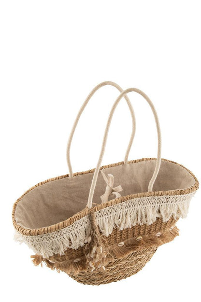 Strandtas Riet Kwastjes Jute Naturel/Ecru - Tas - J-Line - livinglovely.nl