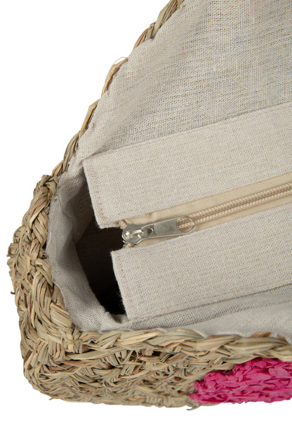 Strandtas Rond Bloem Zeegras Nat/Fushia - Tas - J-Line - livinglovely.nl