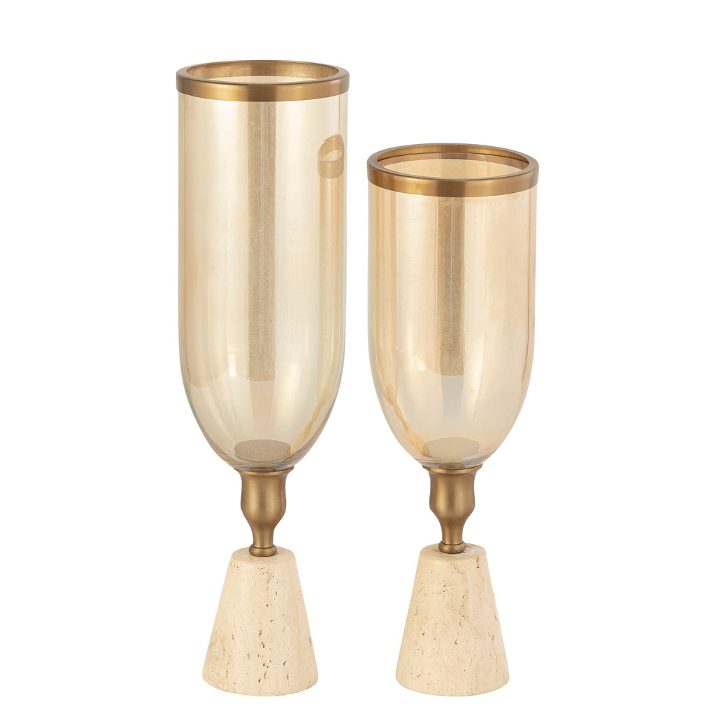 Tadh Brass glass stormlight travertin base round L PTMD - Kandelaar - PTMD - livinglovely.nl