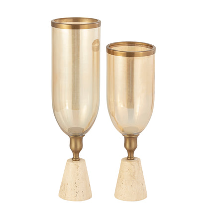Tadh Brass glass stormlight travertin base round L PTMD - Kandelaar - PTMD - livinglovely.nl
