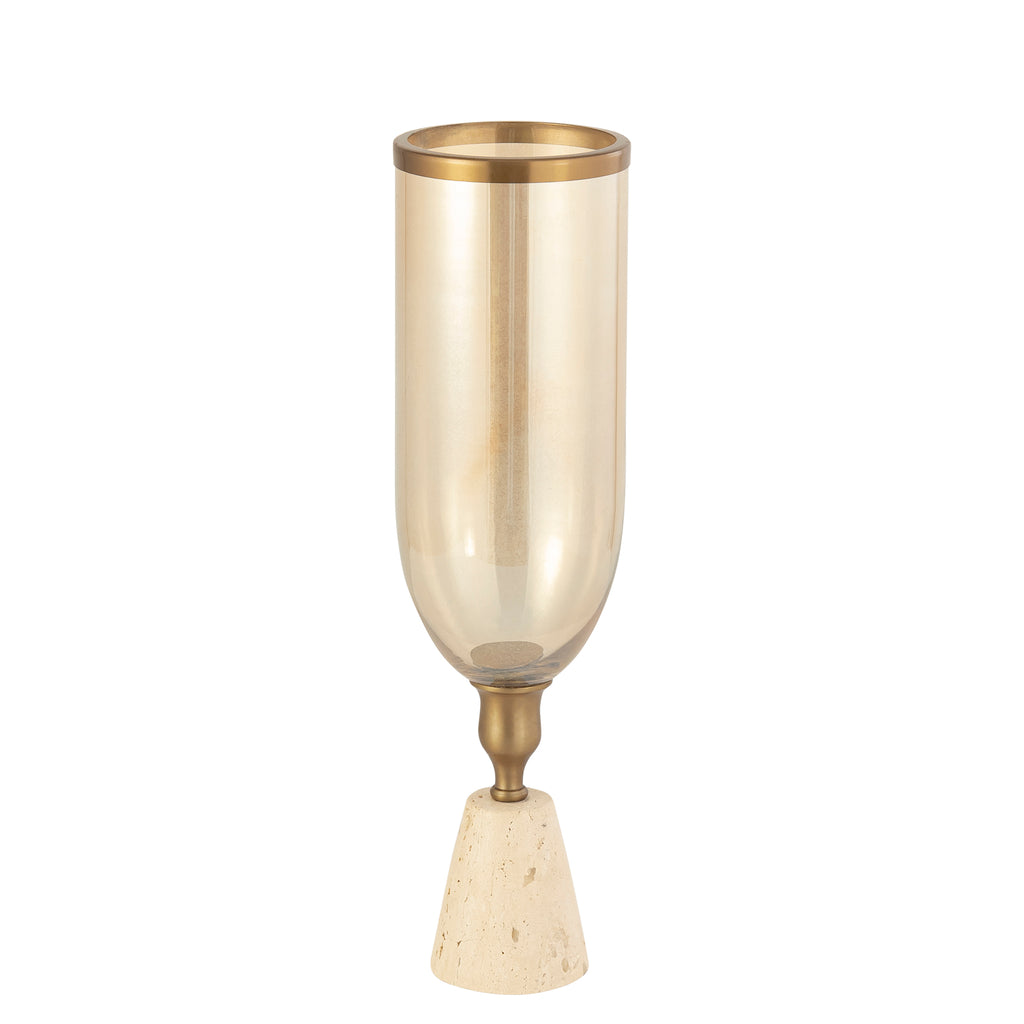 Tadh Brass glass stormlight travertin base round L PTMD - Kandelaar - PTMD - livinglovely.nl