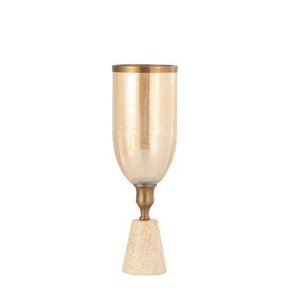 Tadh Brass glass stormlight travertin base round S - Kandelaar - PTMD - livinglovely.nl