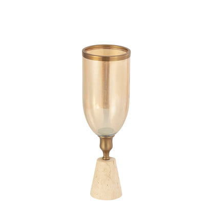 Tadh Brass glass stormlight travertin base round S - Kandelaar - PTMD - livinglovely.nl