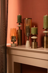 Tadh Brass glass stormlight travertin base round S - Kandelaar - PTMD - livinglovely.nl