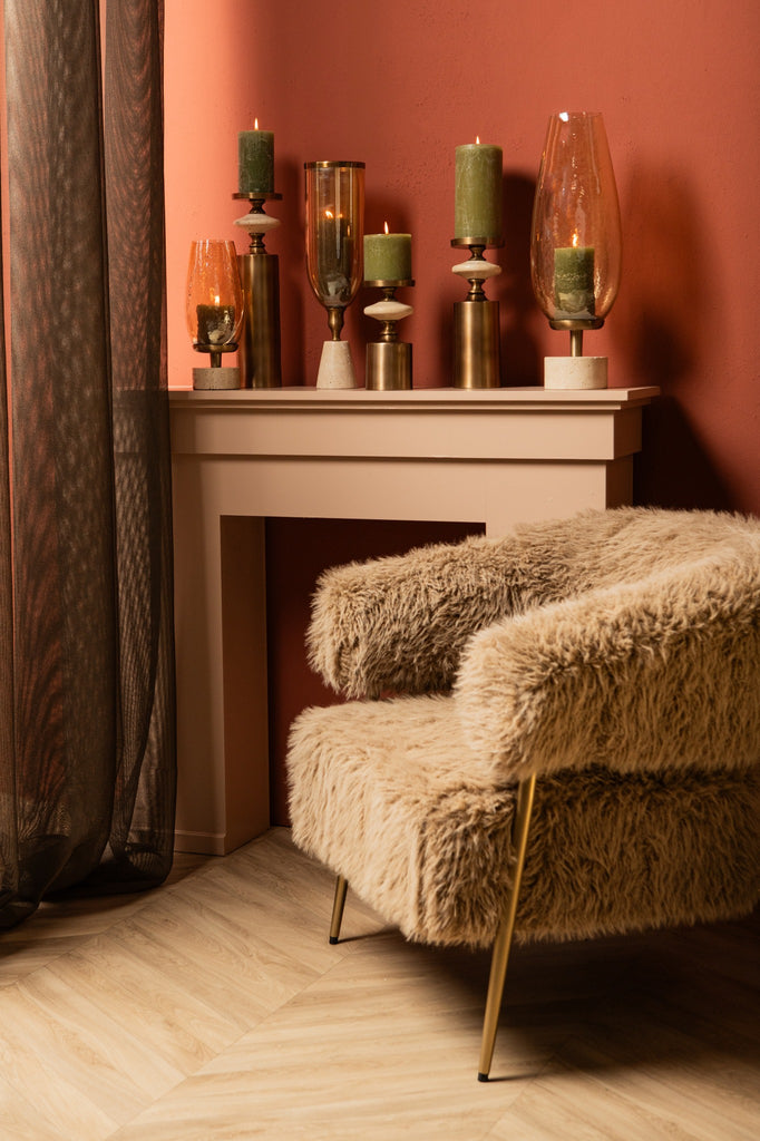 Tadh Brass glass stormlight travertin base round S - Kandelaar - PTMD - livinglovely.nl