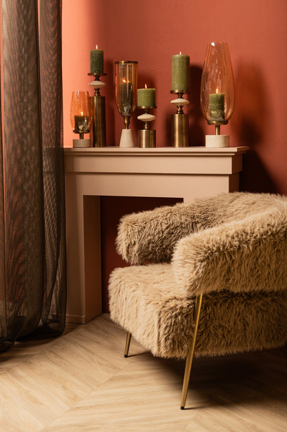 Tadh Brass glass stormlight travertin base round S - Kandelaar - PTMD - livinglovely.nl