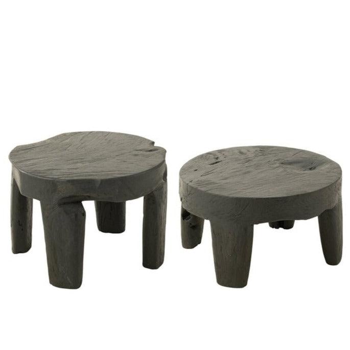 Tafel Rond Teak Hout Zwart Set van 2 - Bijzettafel - J-Line - livinglovely.nl