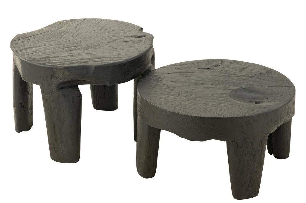 Tafel Rond Teak Hout Zwart Set van 2 - Bijzettafel - J-Line - livinglovely.nl