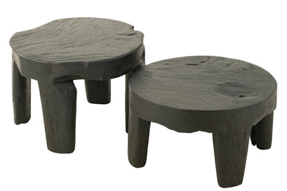 Tafel Rond Teak Hout Zwart Set van 2 - Bijzettafel - J-Line - livinglovely.nl
