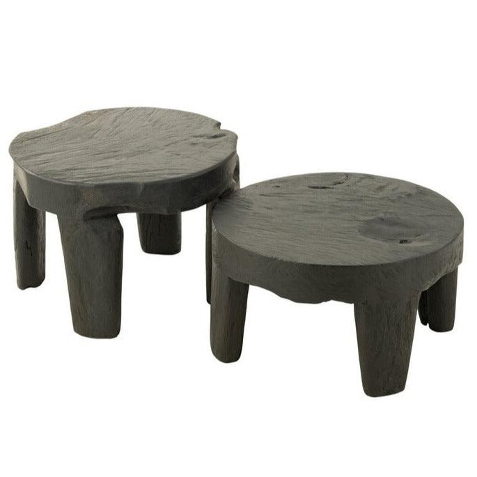 Tafel Rond Teak Hout Zwart Set van 2 - Bijzettafel - J-Line - livinglovely.nl