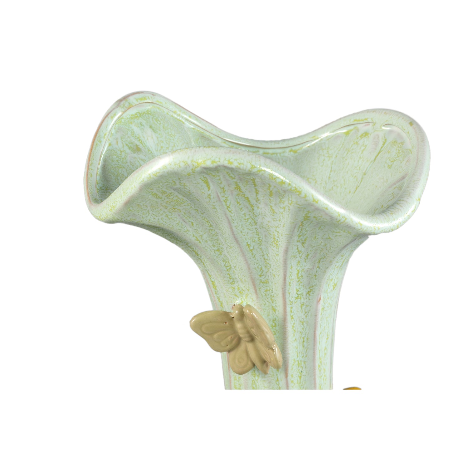Tamarae Green Ceramic Flowy Vase With Butterfly L van PTMD, bovenaanzicht op witte achtergrond