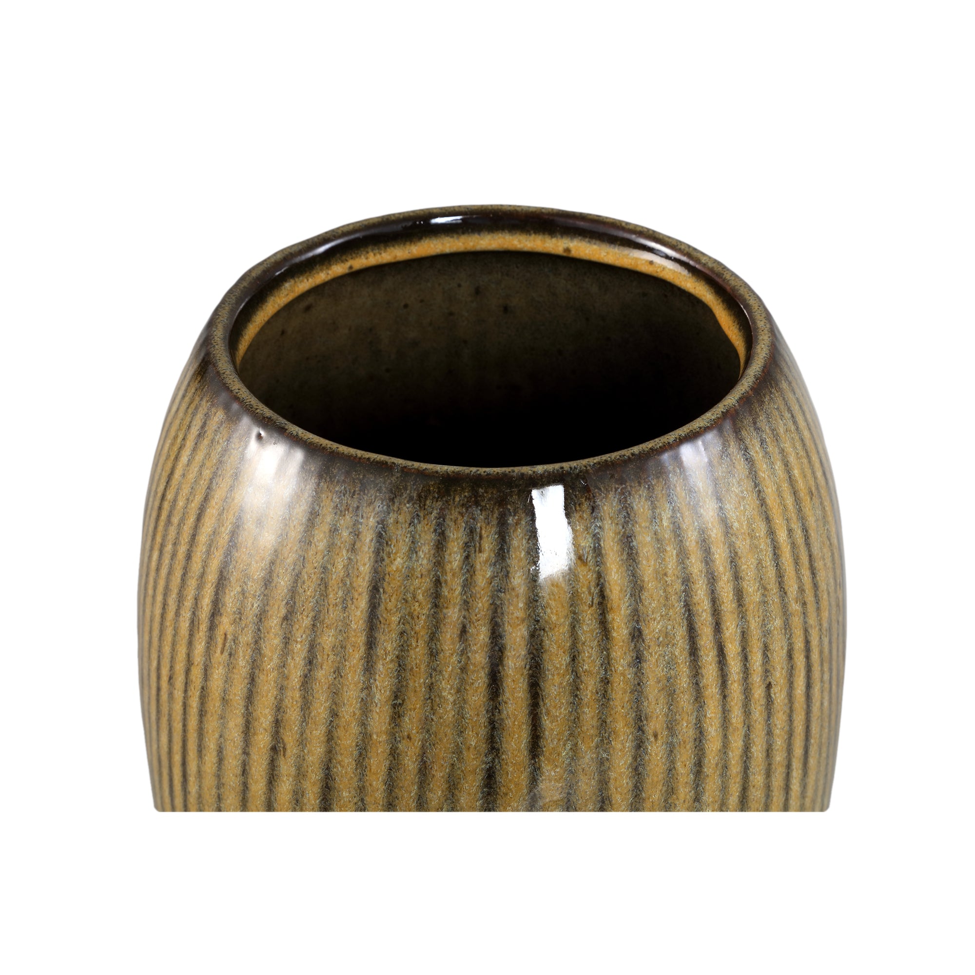 Tamica Dark Brown Ceramic Pot S van PTMD, bovenaanzicht van de opening op witte achtergrond