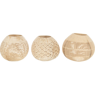 Theelichthouder Kokosnoot Lijnen Naturel Set van 3 - Theelichthouder - J-Line - livinglovely.nl