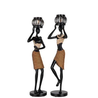 Theelichthouder Op Hoofd Van Figuur Etnisch Poly Bruin Set Van 2 - Theelichthouder - J-Line - livinglovely.nl