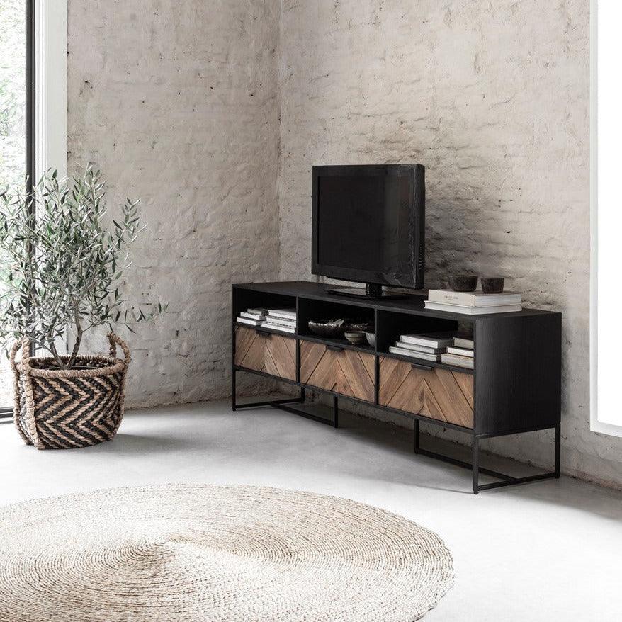TV-meubel Criss Cross 180cm van DTP Home, vooraanzicht met drie laden en drie open vakken