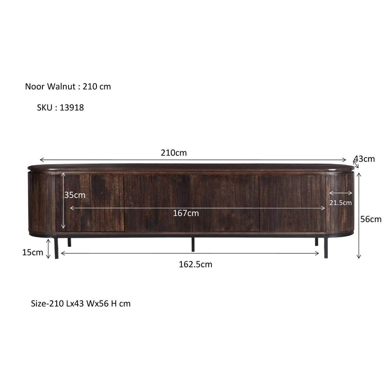 Maatschets van het Noor tv-meubel met afmetingen 210 bij 43 bij 56 cm