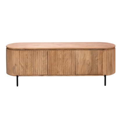 Tv Meubel Solana Naturel 165cm van Starfurn, mangohouten meubel met verticaal lattenpatroon, vooraanzicht
