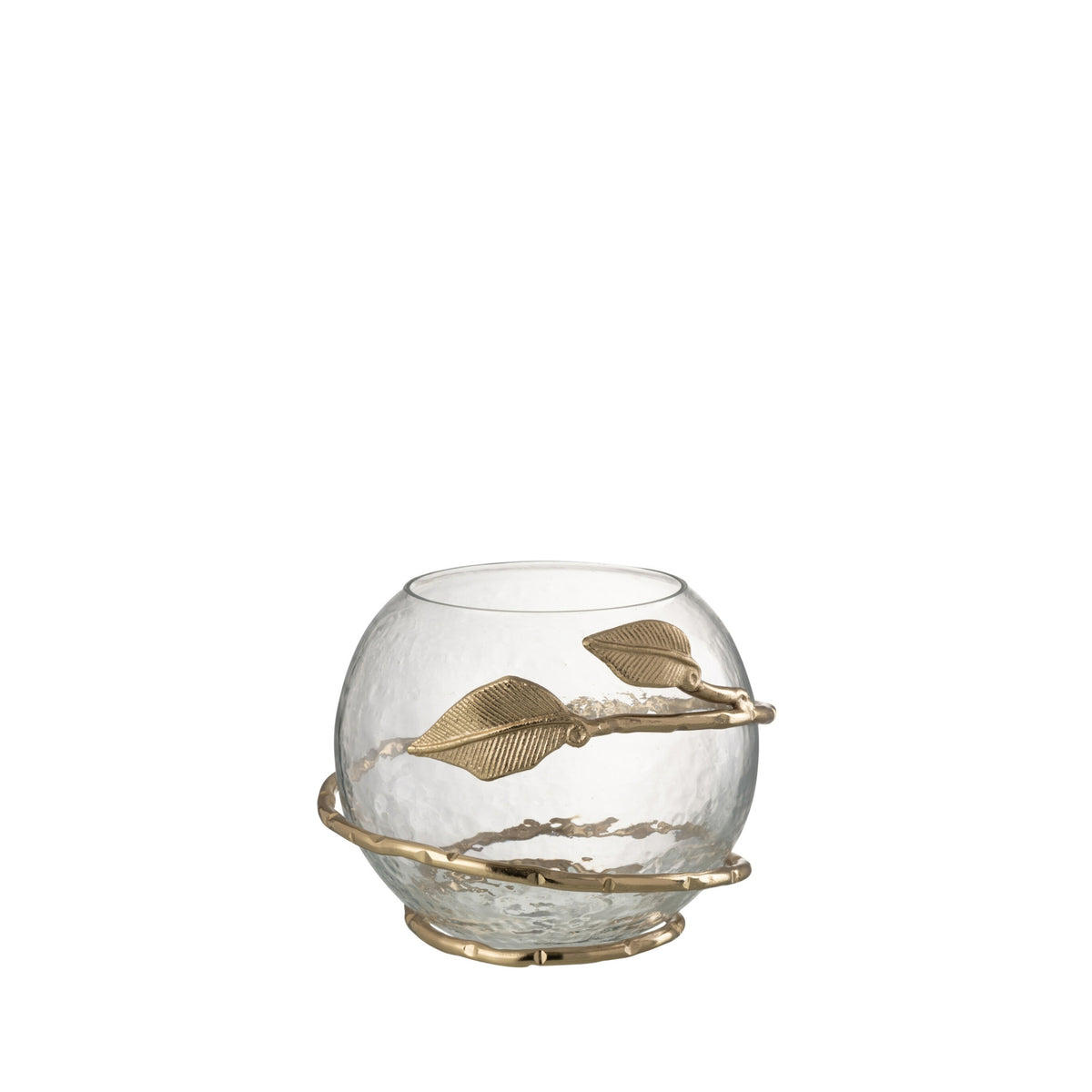 Vaas Blad Schaal van J-Line, bolvormig glas van 13 cm met een gouden bladerband eromheen