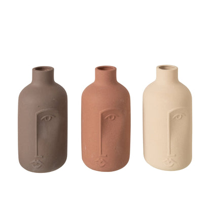 Vaas Gezicht Porselein Large van J-Line, drie vazen met reliëfgezicht in taupe, terracotta en ecru