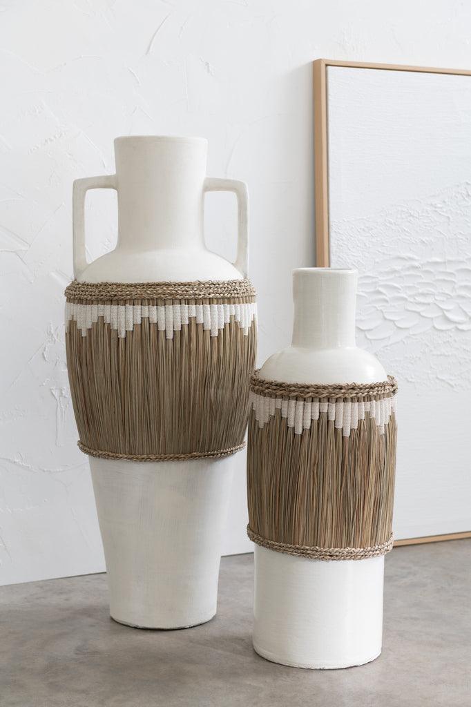 Vaas + Handvaten Motief Terracotta/Gras Wit/Naturel - Vaas - J-Line - livinglovely.nl