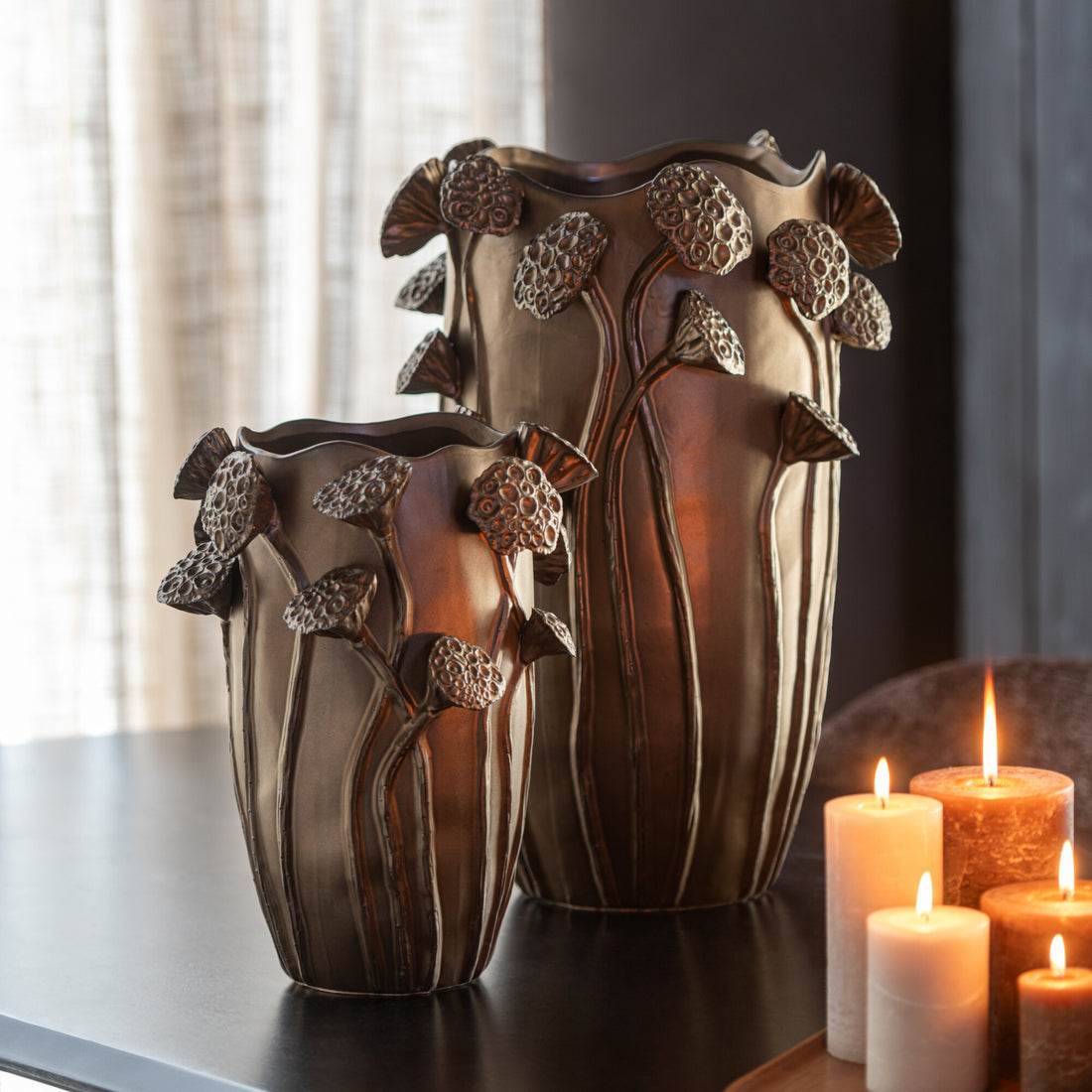 Vaas Lotus Pod Keramiek Koperkleurig Large L35,5xb35xh51cm J-Line - Vaas - J-Line - livinglovely.nl