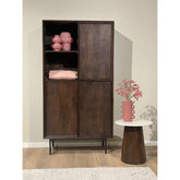Vitrinekast Ravenstein 90cm in Chestnut, donkerbruin mangohout met zwart onderstel