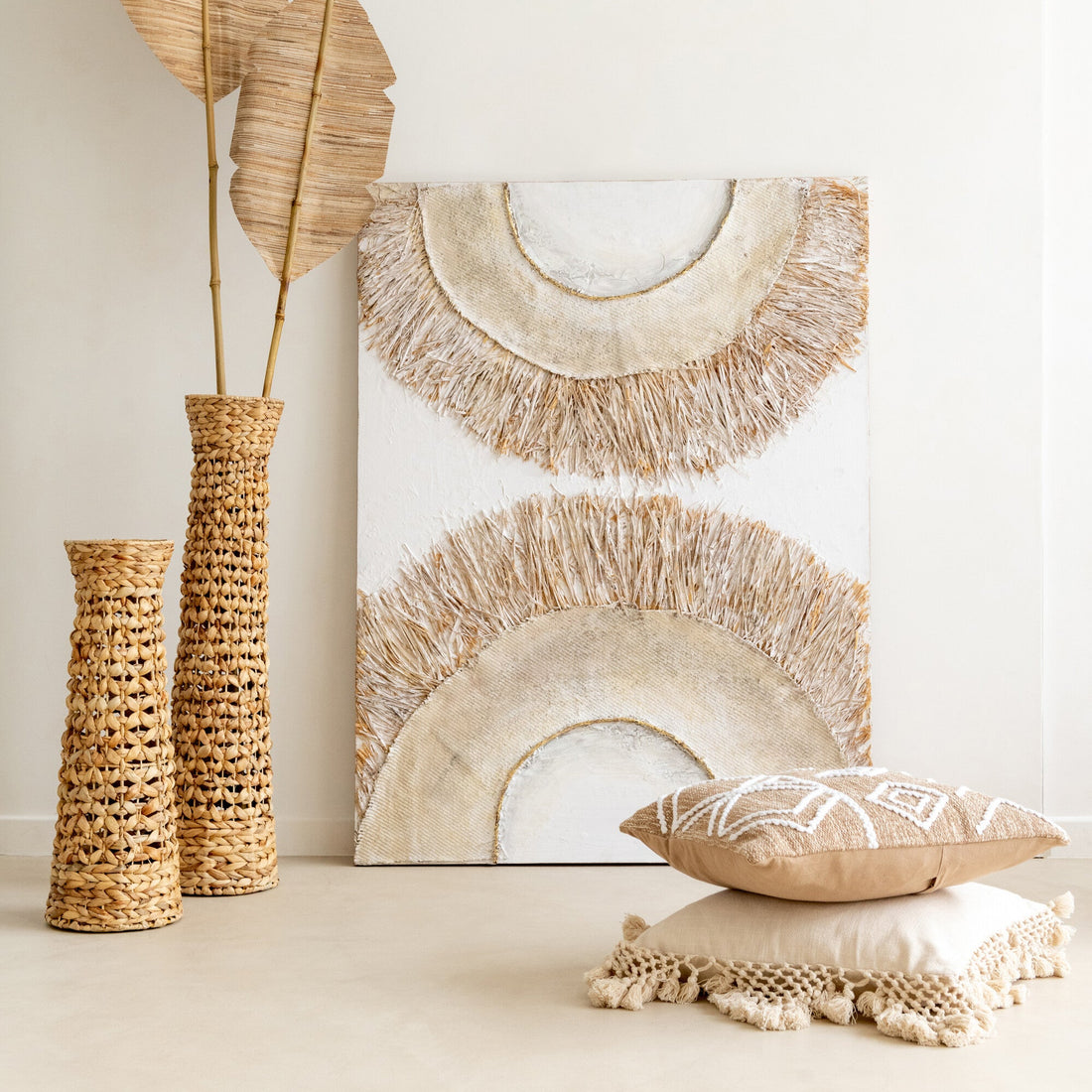 Wanddecoratie Ibiza Canvas/Verf Creme/Wit Set van 2 - Schilderij - J-Line - livinglovely.nl