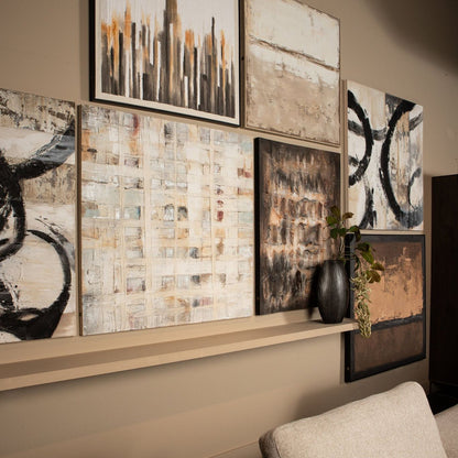 Wandpaneel Jor van PTMD in een interieur, zwart canvas met geschilderde cirkel in de ruimte