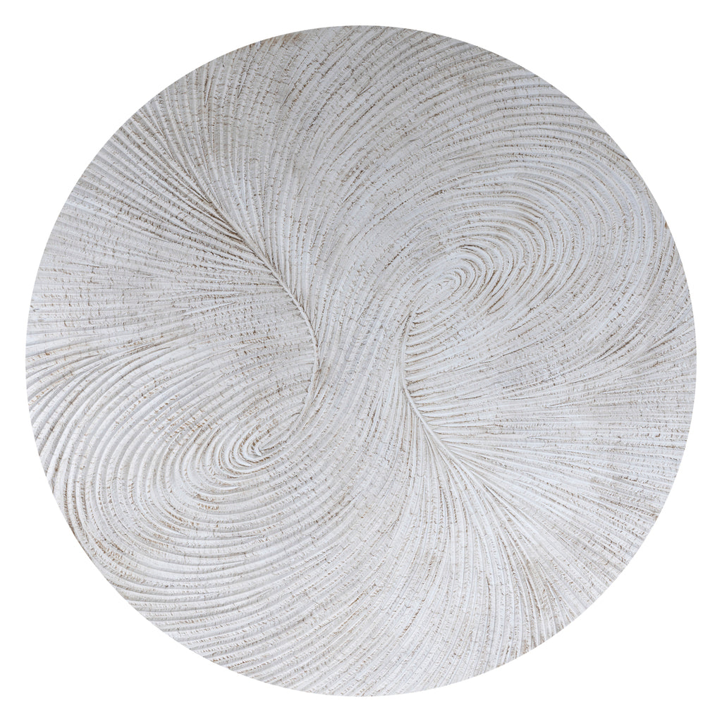 Wandpaneel Wiktor Rond Wit Ø180cm van PTMD, vooraanzicht van het grote witte MDF paneel met swirlreliëf