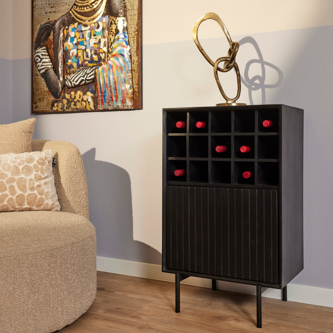 Zwarte wijnkast Madison met metalen frame, 55 cm breed en 90 cm hoog