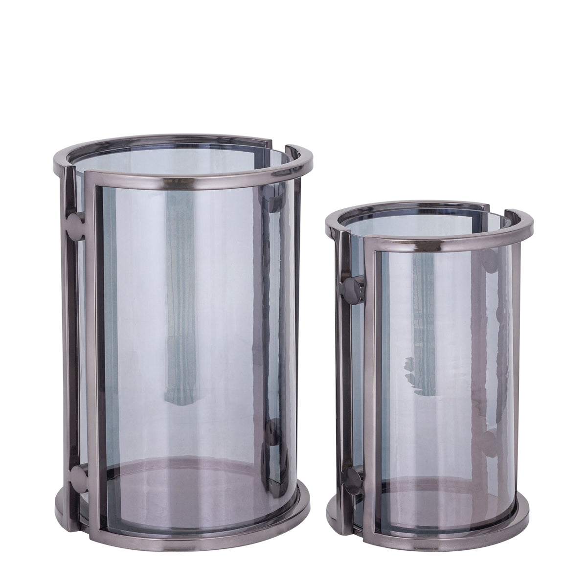 Windlicht Jarie Gunmetal Small van PTMD, ander aanzicht van het windlicht met glas