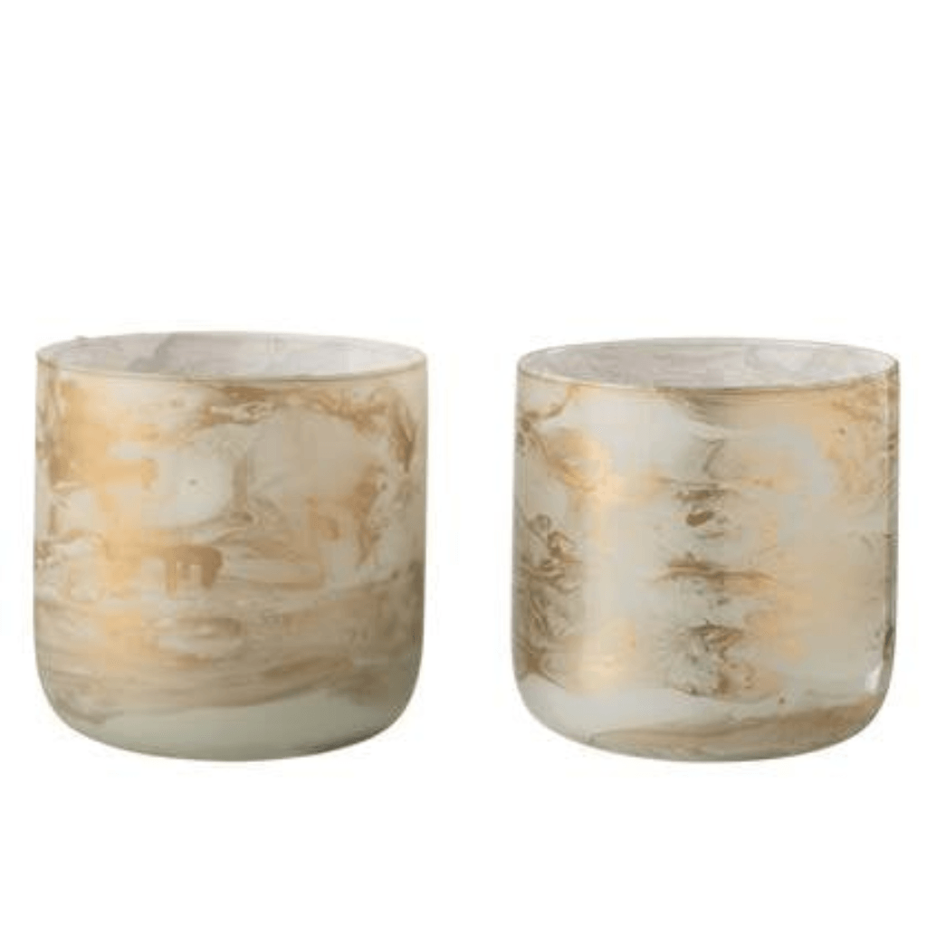 Windlicht Marmer Glas Goud/Wit Large Set van 2 - Windlicht - J-Line - livinglovely.nl