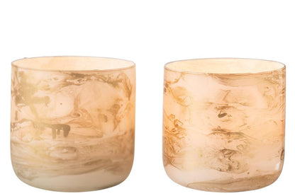 Windlicht Marmer Glas Goud/Wit Large Set van 2 - Windlicht - J-Line - livinglovely.nl
