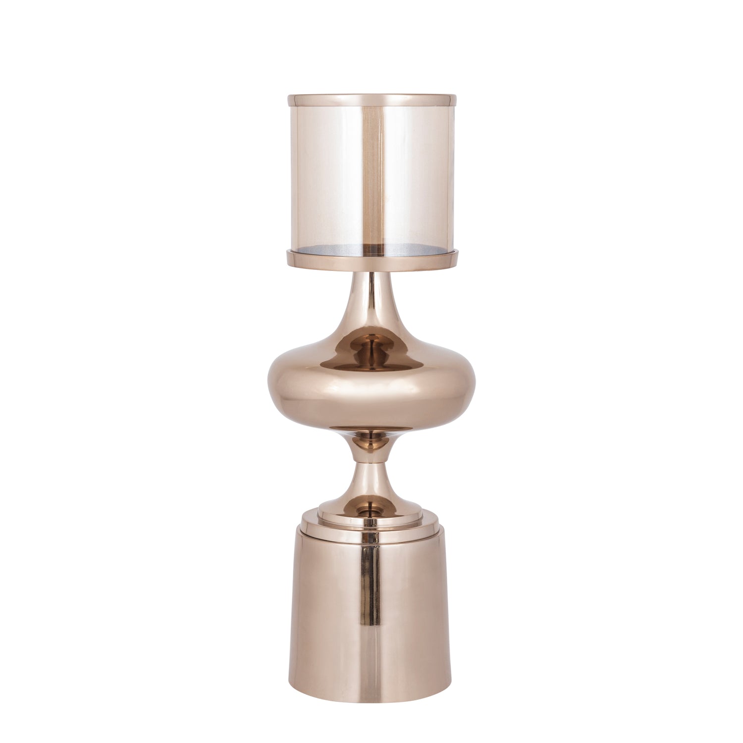 Windlicht Uvira Bruingoud Large van PTMD, aluminium met amberkleurige luster, volledig op witte achtergrond