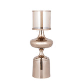 Windlicht Uvira Bruingoud Large van PTMD, aluminium met amberkleurige luster, volledig op witte achtergrond