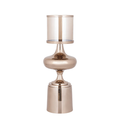 Windlicht Uvira Bruingoud Large van PTMD, aluminium met amberkleurige luster, volledig op witte achtergrond