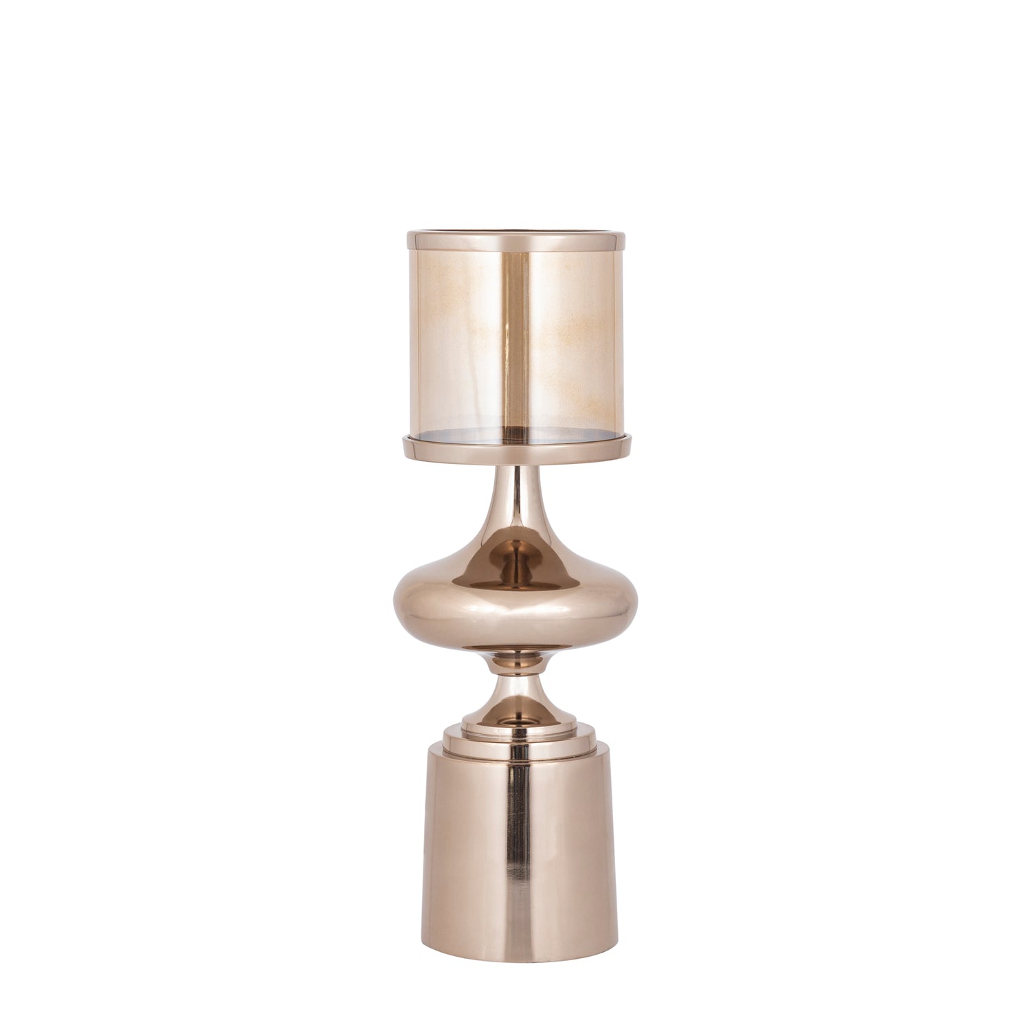 Windlicht Uvira Bruingoud Small van PTMD, aluminium met amberkleurige luster, volledig op witte achtergrond