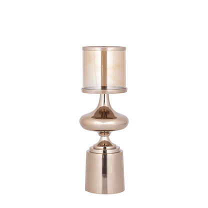 Windlicht Uvira Bruingoud Small van PTMD, aluminium met amberkleurige luster, volledig op witte achtergrond