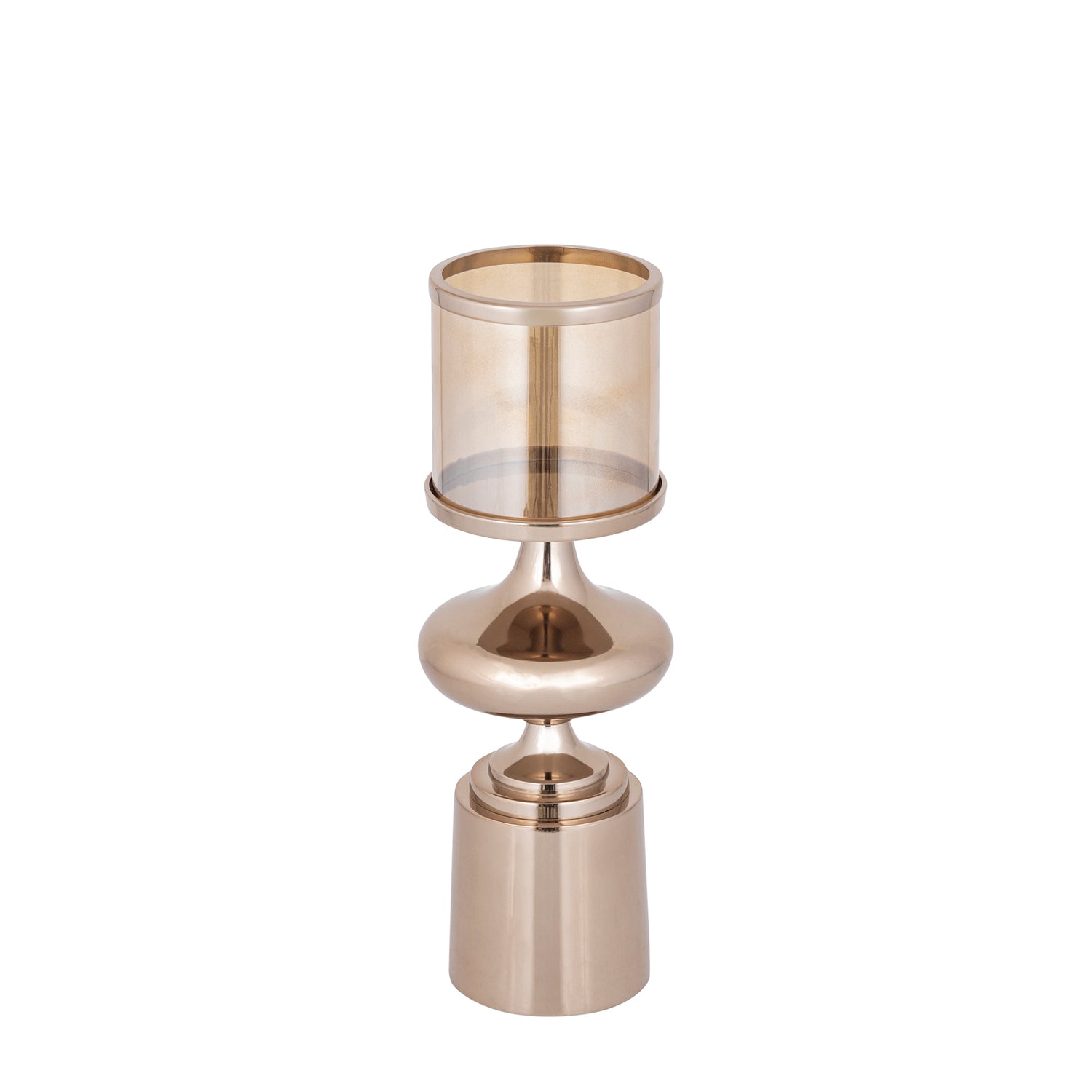 Windlicht Uvira Bruingoud Small van PTMD, tweede aanzicht van aluminium met amberkleurige luster