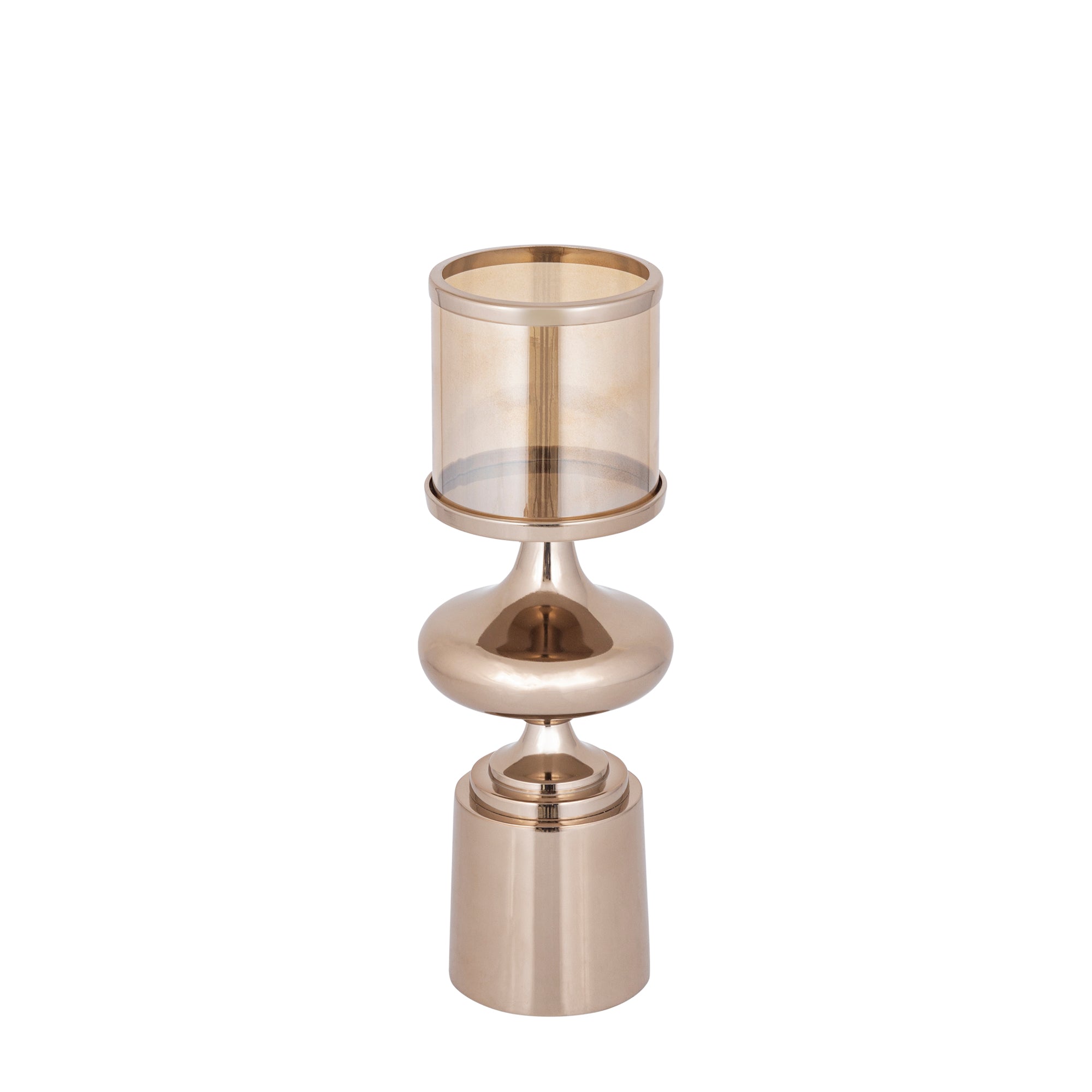 Windlicht Uvira Bruingoud Small van PTMD, tweede aanzicht van aluminium met amberkleurige luster