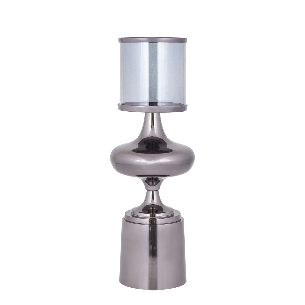 Windlicht Uvira Gunmetal Large van PTMD, aluminium met grijze gunmetal luster, op witte achtergrond